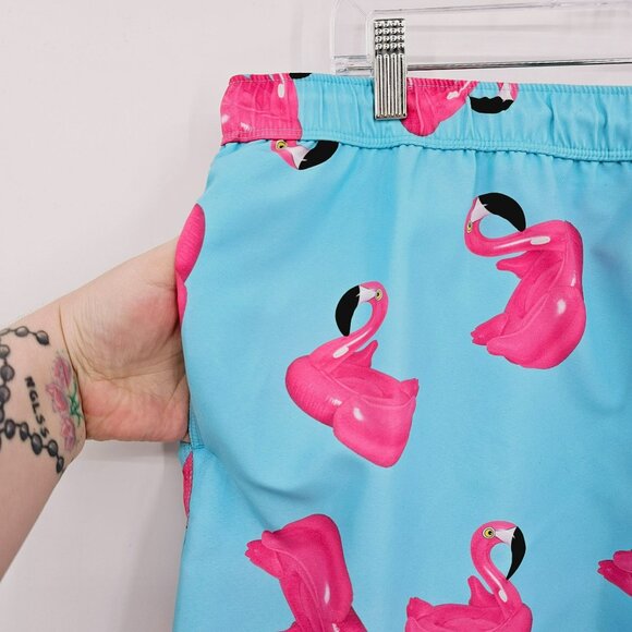 Asos Swim Shorts 2XL Blue Pink Flamingo Print Unlined Pockets Elastic Waist Tie - Picture 3 of 12